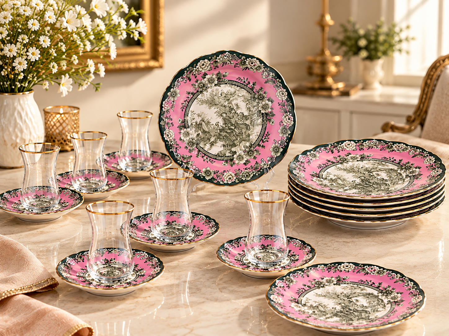 6 Kişilik 18 Parça Vintage Pembe Çay ve Pasta Seti | Çay Bardağı, Çay Tabağı ve Pasta Tabağı